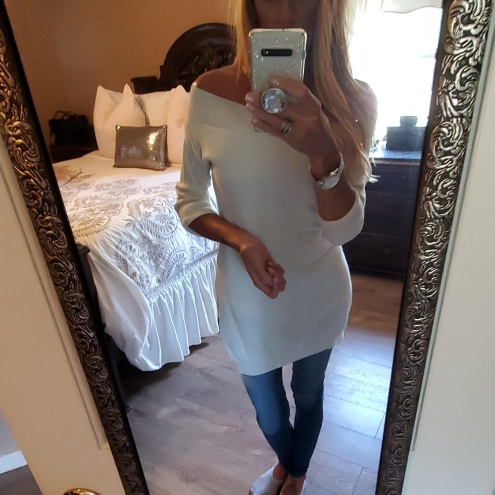 White off the shoulder sweaters
